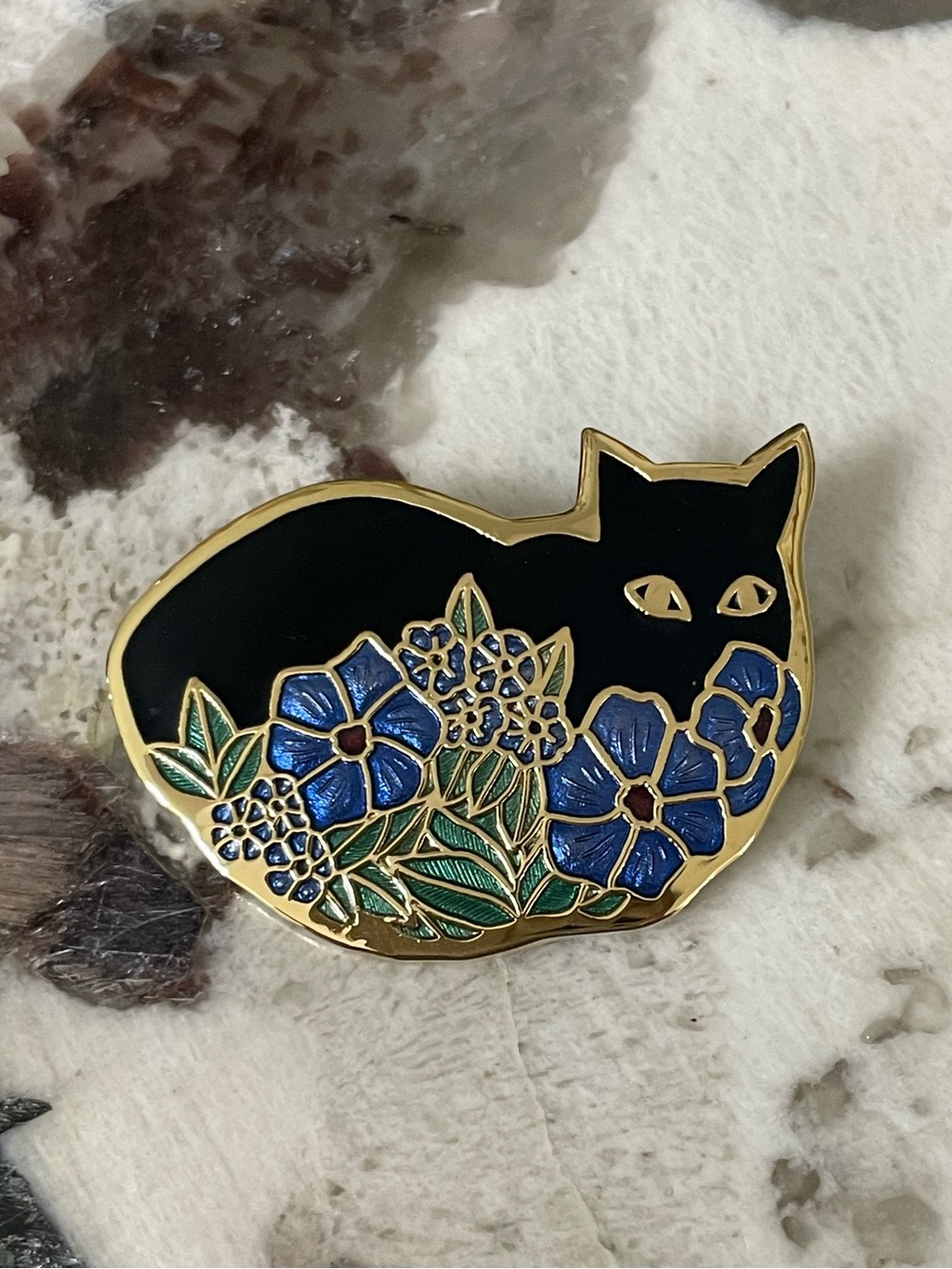 Fish & Crown Black Cat Enamel Pin with Blue Floral Accents - Vintage 80s